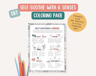 DBT Self-Soothe Skill, therapist office, mental health coloring page, BPD, mindfulness, therapy tools,