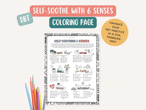 DBT Self-Soothe Skill, therapist office, mental health coloring page, BPD, mindfulness, therapy tools,