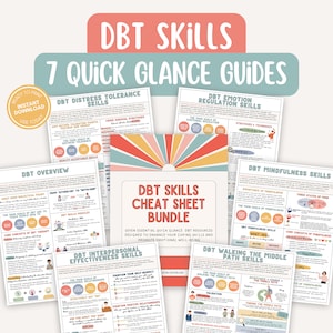 May include: A set of DBT (Dialectical Behaviour Therapy) resources, including seven quick glance guides and a cheat sheet bundle. The guides cover topics such as distress tolerance, emotion regulation, and mindfulness skills. The design features colourful text and illustrations.