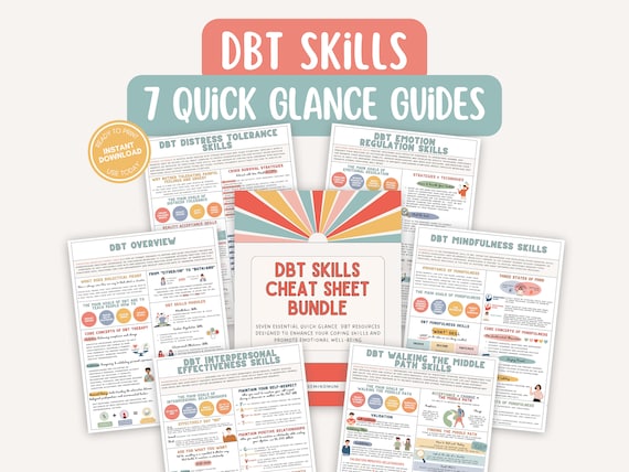 DBT Skills Cheat Sheet Bundle Coping Skills Overview Self Help Mental Health Mindfulness Resources Kids Teens Adults BPD