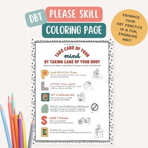 DBT PLEASE Skill, therapist office, mental health coloring page, BPD, mindfulness, therapy tools, positive affirmation