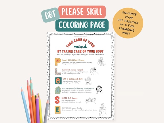 DBT PLEASE Skill, therapist office, mental health coloring page, BPD, mindfulness, therapy tools, positive affirmation