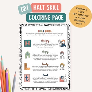 DBT HALT Skill, therapist office, mental health coloring page, BPD, mindfulness, therapy tools, positive affirmation