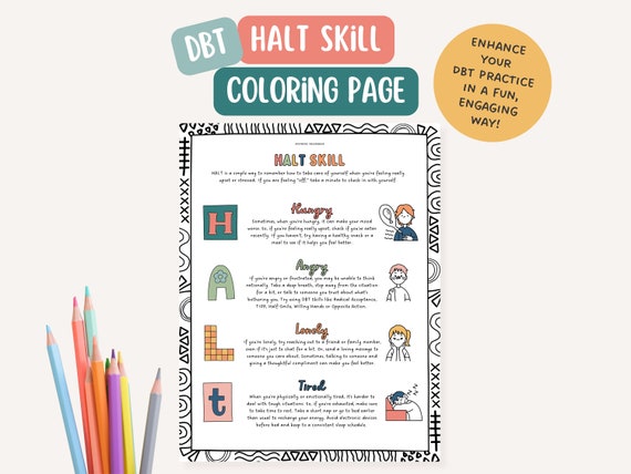 DBT HALT Skill, therapist office, mental health coloring page, BPD, mindfulness, therapy tools, positive affirmation