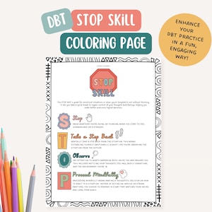 DBT STOP Skill, therapist office, mental health coloring page, BPD, mindfulness, therapy tools, positive affirmation
