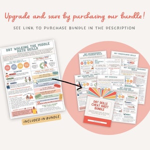 May include: A colourful cheat sheet bundle for DBT skills. The bundle includes a cheat sheet for walking the middle path, DBT interpersonal effectiveness skills, DBT mindfulness skills, DBT distress tolerance skills, DBT emotion regulation skills, and a DBT reference guide.