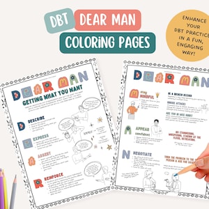DBT Dear Man Skill Coloring Page, therapist office, mental health coloring page, BPD, mindfulness, therapy tools