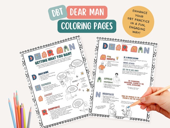 DBT Dear Man Skill Coloring Page, therapist office, mental health coloring page, BPD, mindfulness, therapy tools