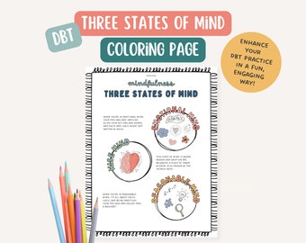 DBT Wise Mind, consultorio del terapeuta, página para colorear sobre salud mental, TLP, atención plena, herramientas terapéuticas, DBT 3 Estados Mentales