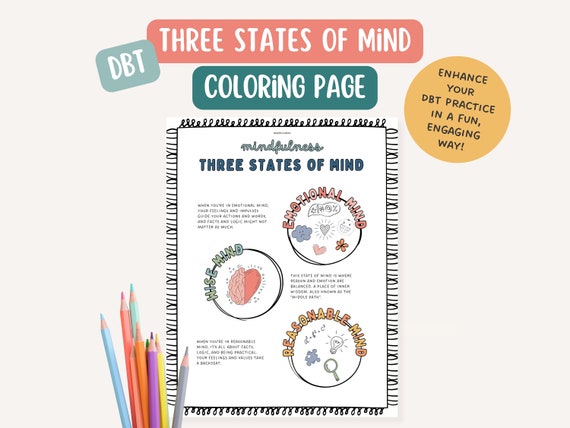 DBT Wise Mind, therapist office, mental health coloring page, BPD, mindfulness, therapy tools, DBT 3 States of Mind