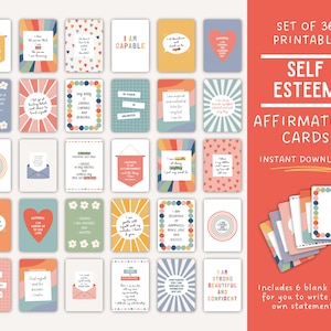 K&ouml;nnte beinhalten: Ein Set von 36 druckbaren Selbstwert-Affirmationskarten. Die Karten zeigen farbenfrohe Designs mit positiven Affirmationen wie &bdquo;Ich bin f&auml;hig&ldquo; und &bdquo;Ich bin stark, sch&ouml;n und selbstbewusst&ldquo;. Enth&auml;lt 6 leere Karten.