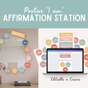 Könnte beinhalten: Eine digitale Illustration eines Spiegels, der mit bunten Affirmationsaufklebern umgeben ist. Die Aufkleber sagen "Ich bin" gefolgt von positiven Wörtern wie "einzigartig", "geschätzt", "freundlich", "klug", "mutig", "geliebt", "freudig", "fürsorglich", "genügend", "ehrlich", "süß", "erstaunlich", "fantastisch" und "Ich kann und werde Großes leisten". Das Bild zeigt auch einen Laptop-Bildschirm mit einer Canva-Designvorlage zum Erstellen von Affirmationsaufklebern. Der Text auf dem Laptop-Bildschirm lautet "Schreiben Sie Ihren eigenen Text hier". Das Bild ist mit "Positive "Ich bin" Affirmationsstation" betitelt und sagt "In Canva bearbeitbar".