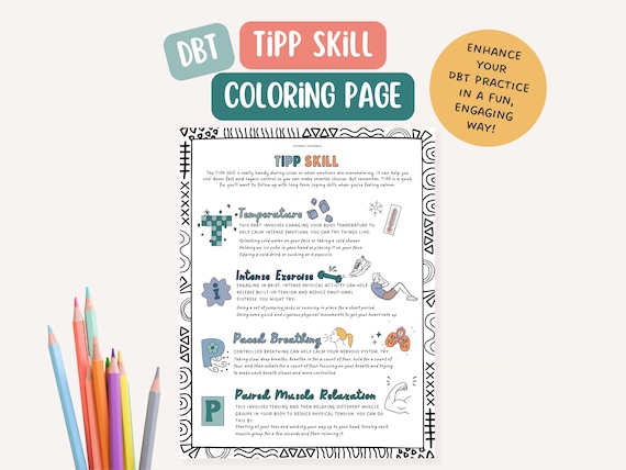DBT TIPP Skill, therapist office, mental health coloring page, BPD, mindfulness, therapy tools, positive affirmation, Self Soothe