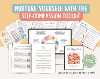 Könnte beinhalten: Ein digitales Toolkit für Selbstmitgefühl mit 30 Seiten druckbarer PDF-Arbeitsblätter. Das Toolkit enthält Übungen für Achtsamkeit, Selbstreflexion, Dankbarkeit und mitfühlendes Briefeschreiben. Das Cover zeigt ein florales Design mit dem Text "Self-Compassion Toolkit" und "Bereit zum Drucken, Sofort-Download, Heute verwenden".