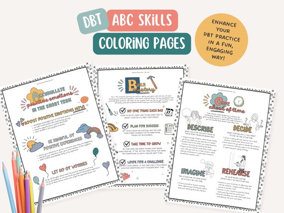 ABC DBT Skills, therapist office, mental health coloring page, BPD, mindfulness, therapy tools