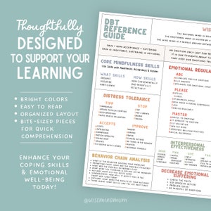 May include: A colorful infographic with the title "Thoughtfully Designed to Support Your Learning" and the text "DBT Reference Guide". The infographic features tips for coping skills, emotional regulation, and distress tolerance. The infographic also includes a section on "Interpersonal Effectiveness" and "Decrease Emotional Suffering".