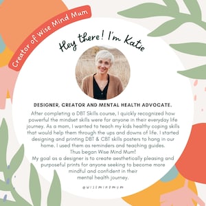 K&ouml;nnte beinhalten: Grafik mit dem Text "Hey there! I'm Katie" und einem Foto einer Frau. Der Text enth&auml;lt auch "Creator of Wise Mind Mum" und eine Beschreibung der Ziele des Designers f&uuml;r Mental-Health-Drucke.