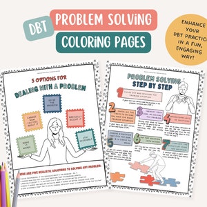 May include: Two black and white coloring pages with illustrations and text. The first page is titled "5 Options for Dealing with a Problem" and shows a person holding up five different options. The second page is titled "Problem Solving Step by Step" and shows a person putting together a puzzle.