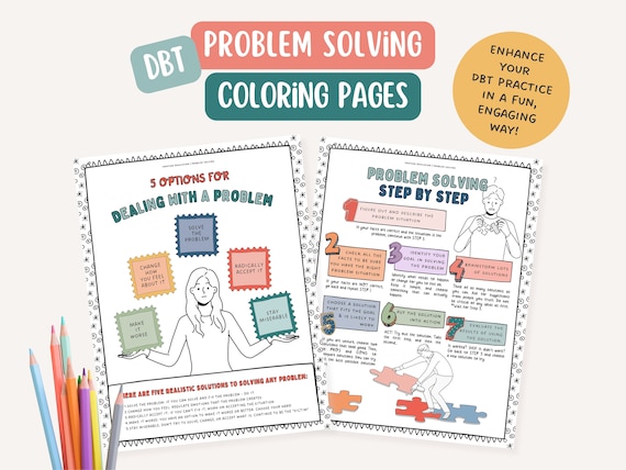 DBT problem solving skills, therapist office, mental health coloring page, BPD, mindfulness, therapy tools, positive affirmation
