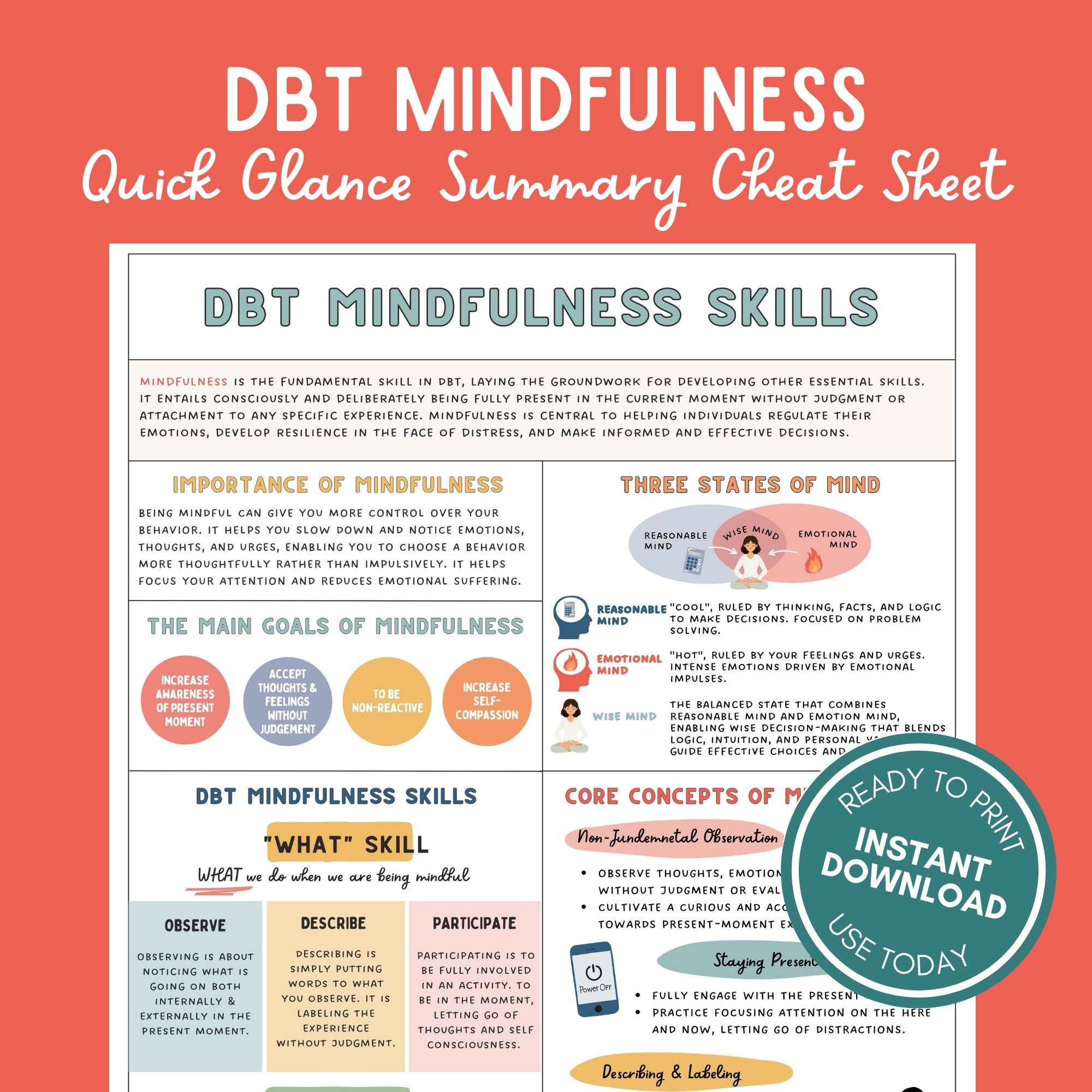DBT Mindfulness Skills Cheat Sheet Coping Skills Overview Self Help 