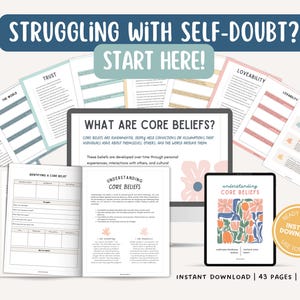 May include: Digital self-help guide with the text "Struggling with Self-Doubt? Start Here!" displayed on a computer monitor and tablet. The guide includes worksheets and documents about core beliefs, loveability, and trust. The product is an instant download.