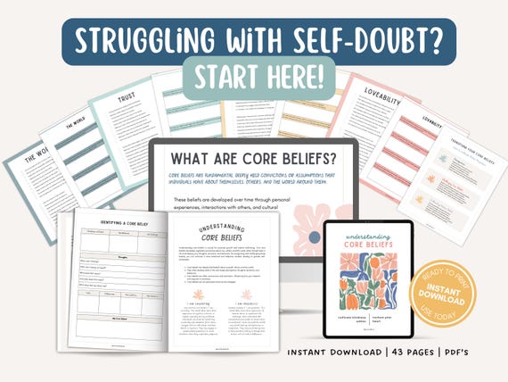 Core Beliefs Workbook | CBT Printable Therapy Worksheets PDF | Self Worth, Self Esteem, and Mindset Journal Prompts for Personal Growth