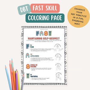 DBT FAST Skill, therapist office, mental health coloring page, BPD, mindfulness, therapy tools, positive affirmation