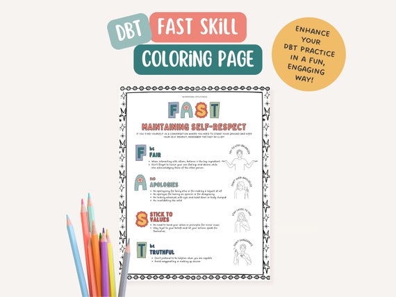 DBT FAST Skill, therapist office, mental health coloring page, BPD, mindfulness, therapy tools, positive affirmation