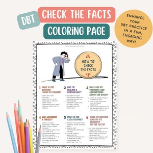 DBT Check The Facts Skill, therapist office, mental health coloring page, BPD, mindfulness, therapy tools, positive affirmation