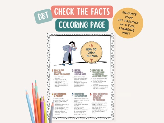 DBT Check The Facts Skill, therapist office, mental health coloring page, BPD, mindfulness, therapy tools, positive affirmation