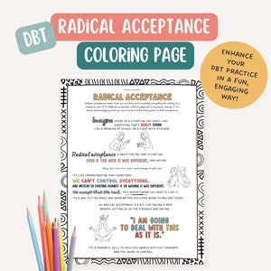 DBT Radical Acceptance Skill, therapist office, mental health coloring page, BPD, mindfulness, therapy tools, positive affirmation
