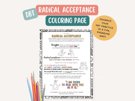 DBT Radical Acceptance Skill, therapist office, mental health coloring page, BPD, mindfulness, therapy tools, positive affirmation