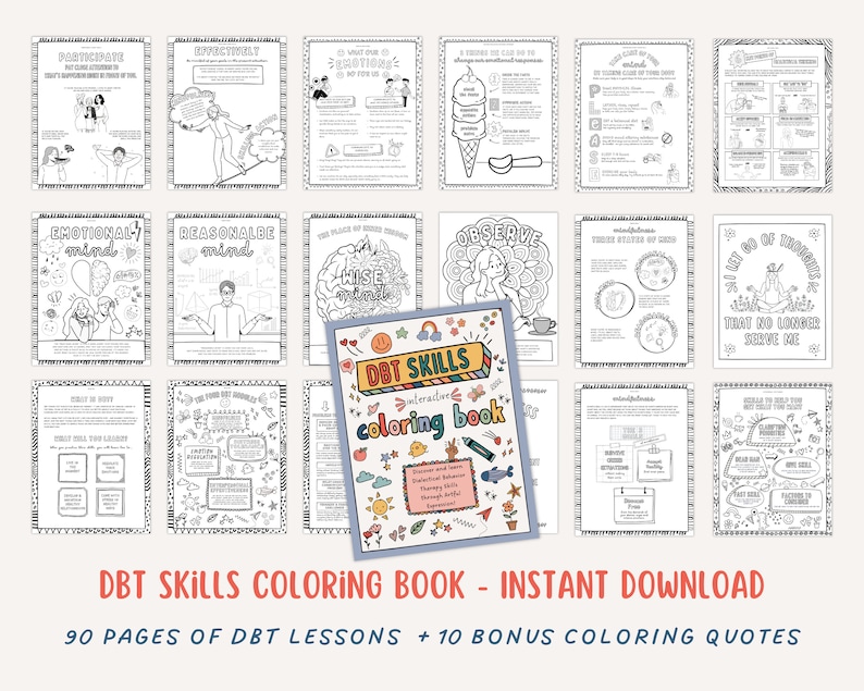以下が含まれることがあります： 「DBT Skills Interactive Coloring Book」というタイトルの白黒の塗り絵。表紙には虹、雲、太陽、魚が描かれている。この本は、人々が弁証法的行動療法（DBT）のスキルを学ぶのを助けるために作られた。