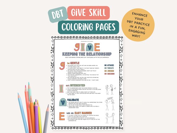 DBT GIVE Skill, therapist office, mental health coloring page, BPD, mindfulness, therapy tools, positive affirmation
