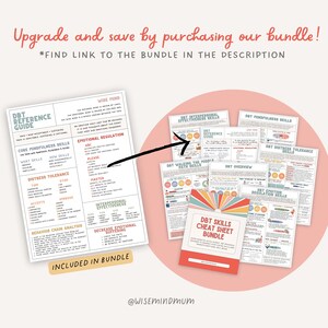 May include: A colorful cheat sheet bundle for Dialectical Behavior Therapy (DBT) skills. The bundle includes cheat sheets for core mindfulness skills, emotional regulation, distress tolerance, interpersonal effectiveness, walking the middle path skills, and DBT overview. The cheat sheets are printed on white paper with colorful circles and text.
