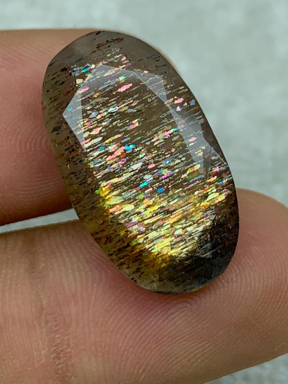 15.5cts-Rainbow Lattice Sunstone, Criss-Cross Sunstone, Rainbow Lattice Faceted Cut, Meteor Shower Stone | LS-07 |23.24*13.3*7.5mm