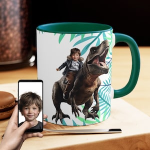 Custom Dinosaur Mug - Kid Riding Dinosaur Mug - Personalized Mug For Kids - T-REX - Custom T-REX Mug