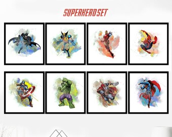 Superhero Set of 8 - Superhero Prints - Superhero Wall Art - Superhero Printables - Superhero Poster - Kids Room