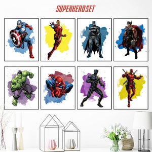 May include: A set of eight superhero illustrations featuring Captain America, Iron Man, Batman, Thor, Hulk, Spiderman, Black Panther, and Deadpool. Each illustration is set against a colorful watercolor background.