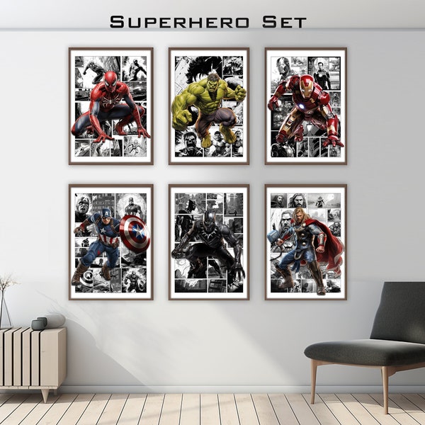 Superhero Set of 6 - Superhero Prints - Comic Page - Superhero Wall Art - Superhero Printables - Superhero Poster - Kids Room - Comic Books