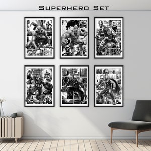 Set di 6 supereroi - Stampe di supereroi - Pagina di fumetti - Arte della parete di supereroi - Stampabili di supereroi - Poster di supereroi - Camera per bambini - Fumetti