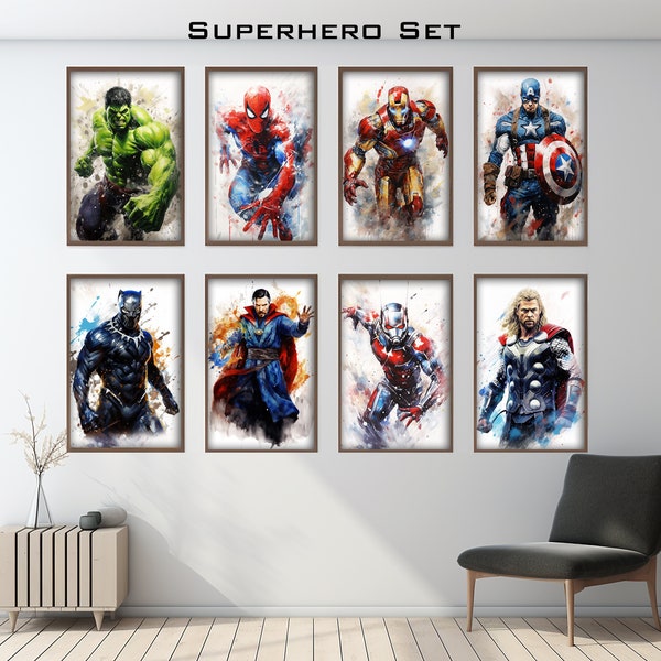 Superhero Set of 8 - Superhero Prints - Superhero Wall Art - Superhero Printables - Superhero Poster - Kids Room