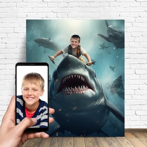 Personalized Shark with Kid Portait - Boy riding a shark - Great white - Custom Kid With Shark Portrait From Your Photo - Gift For Kids