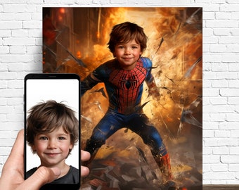 May include: A young boy dressed as Spider-Man, with a red and blue suit and a spider logo on the chest, stands in a dramatic pose against a backdrop of flames and broken glass.