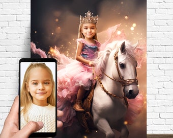 Get Your Own Princess Portrait from your photo - Princess Riding a Unicorn - Princess portrait - Custom Princess portrait - Canvas print