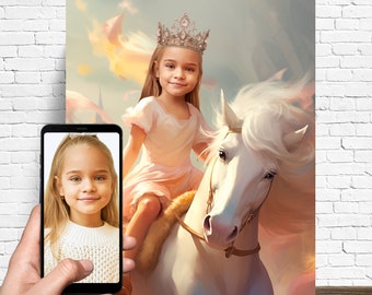 Princess Riding a Unicorn - Get Your Own Princess Portrait from your photo - Princess portrait - Custom Princess portrait - Canvas print