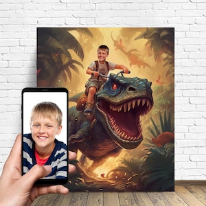 Personalized Jurassic Dinosaur Portait - Boy riding a dinosaur - T-REX - Custom Boy With Dinosaur Portrait From Your Photo - Gift For Kids
