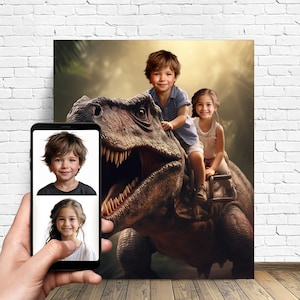 Personalized Jurassic Dinosaur Portrait-Custom Portrait From Photo-Custom Siblings With Dinosaur Portrait From Your Photo-Gift For Kids