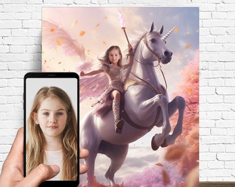 Princess Riding a Unicorn - Get Your Own Princess Portrait from your photo - Princess portrait - Custom Princess portrait - Canvas print