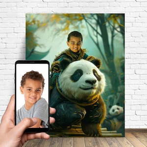Enfant personnalisé chevauchant un panda - Portrait personnalisé de panda - Cadeau personnalisé pour les enfants - Cadeau animal pour les enfants - Cadeau panda